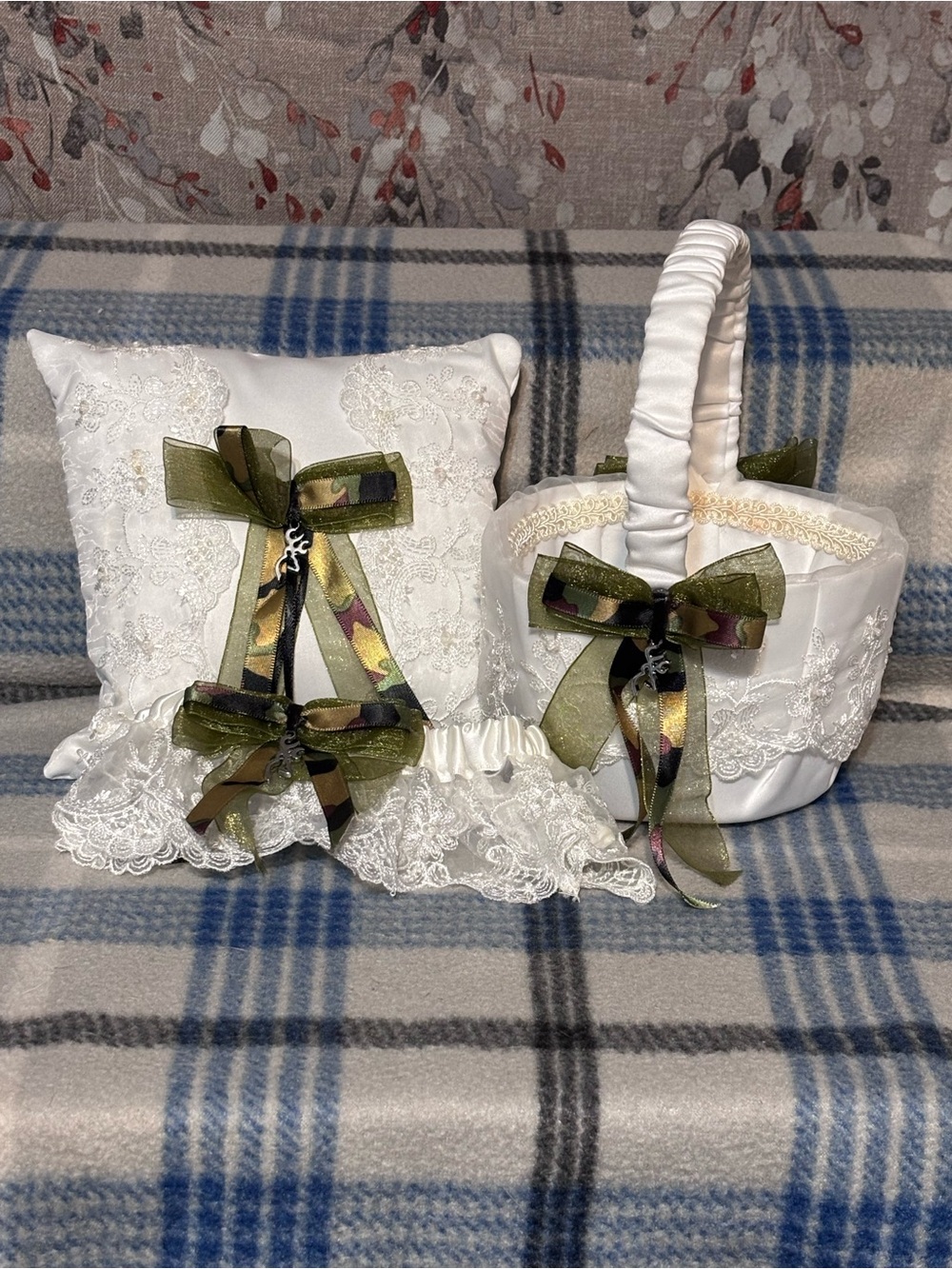 Browning Garter & Flower Girl Basket & Pillow Set with Camouflage & Green Ribbon
